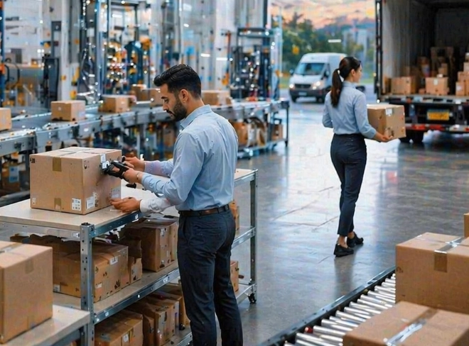 Warehouse staff processing customer orders in a fulfilment facility